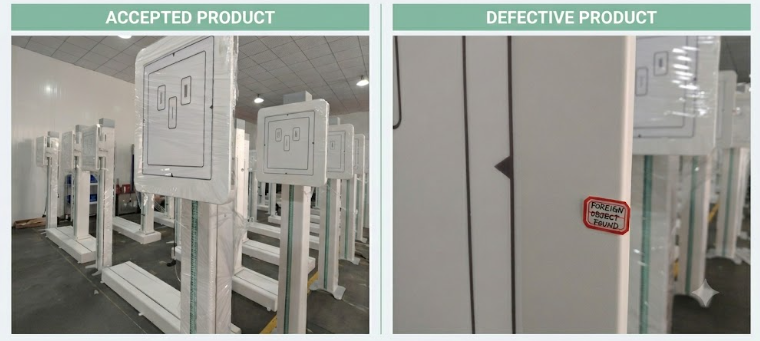 Manual QC inspection at a Guangzhou medical equipment factory comparing accepted inventory with a rejected defective part.