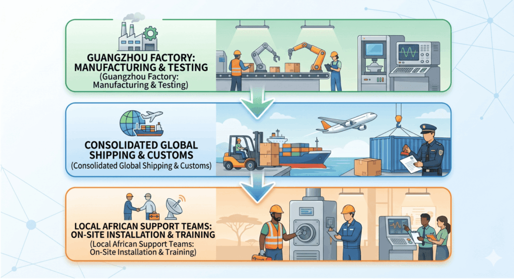 Workflow chart of a medical supplier for Africa, showing China manufacturing, global customs shipping, and local clinical support.