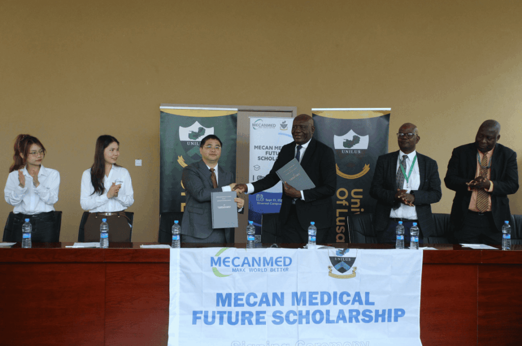 The signing ceremony of the joint medical future scholarship program between a top medical supplier and a Zambian university.