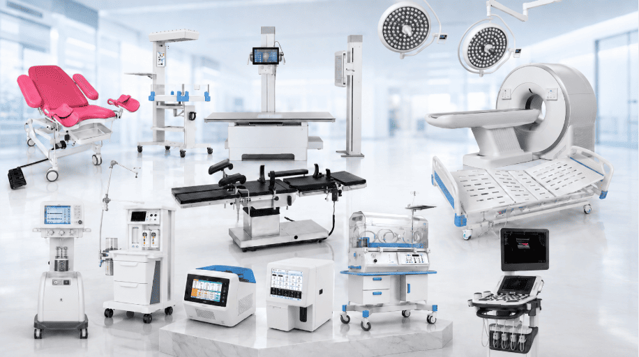 Comprehensive one-stop medical equipment solution showcasing operating room, radiology, laboratory, and ICU devices.